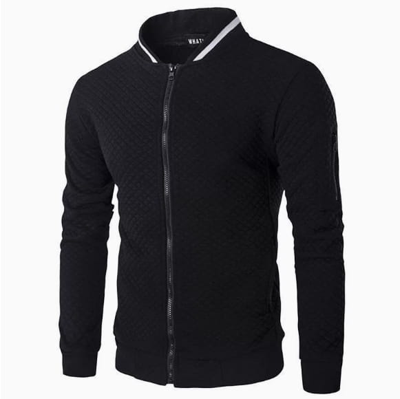 Men’s quilted colorblock bomber jacket in black knit with white trim along the stand collar and zipper.