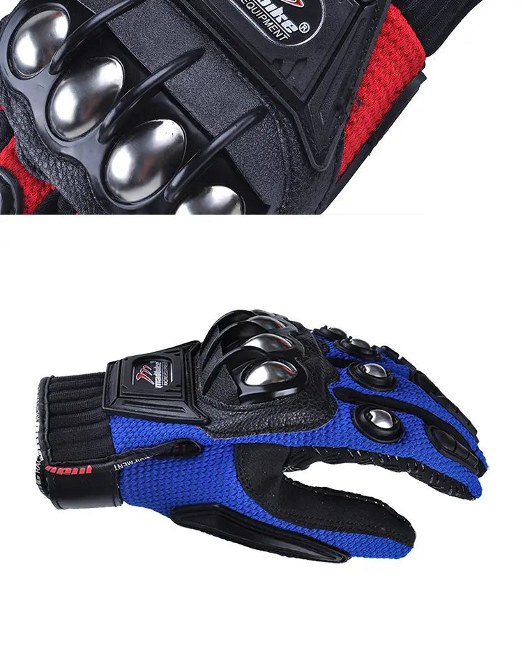 Blue and black alloy knuckle motorcycle riding gloves with silver protective domes on the knuckles showing the back side of the gloves.