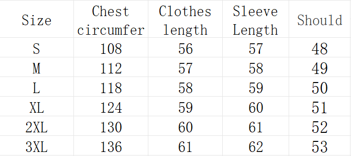 The table displays a size chart for the reversible fleece puffer jacket off white listing chest circumference clothes length sleeve length and shoulder width measurements in centimeters for sizes S through 3XL.