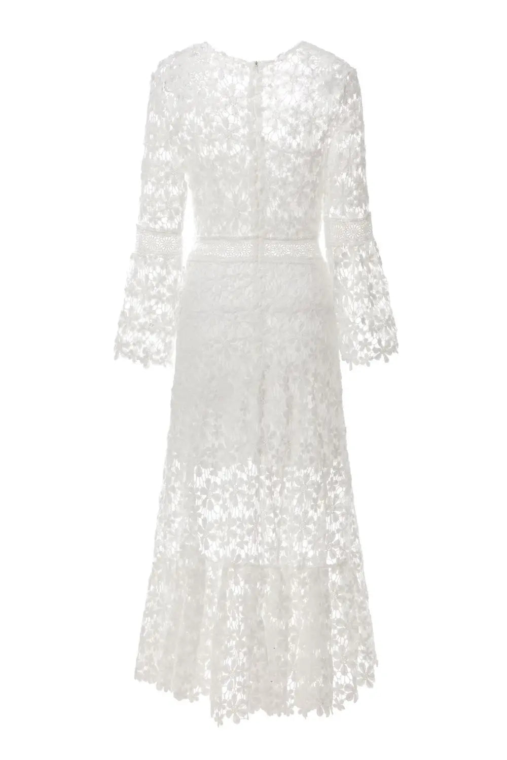 A white floral lace midi dress with long bell sleeves and a fitted waist.