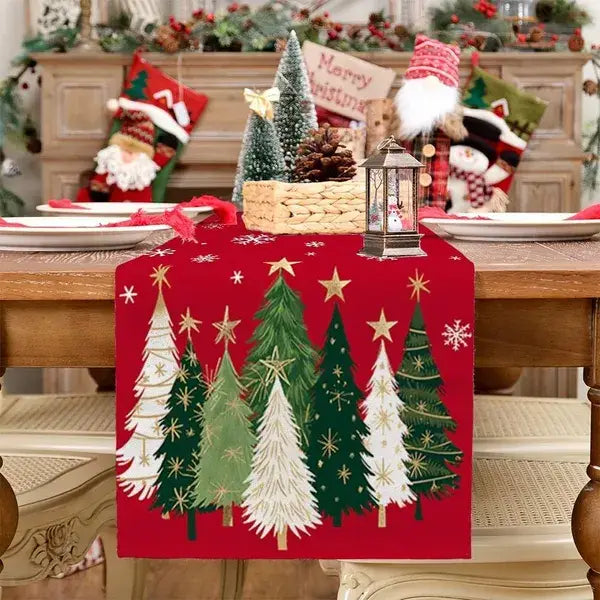 Red christmas table runner 13x72 featuring embroidered green and white pine trees with gold star accents for festive holiday decor.