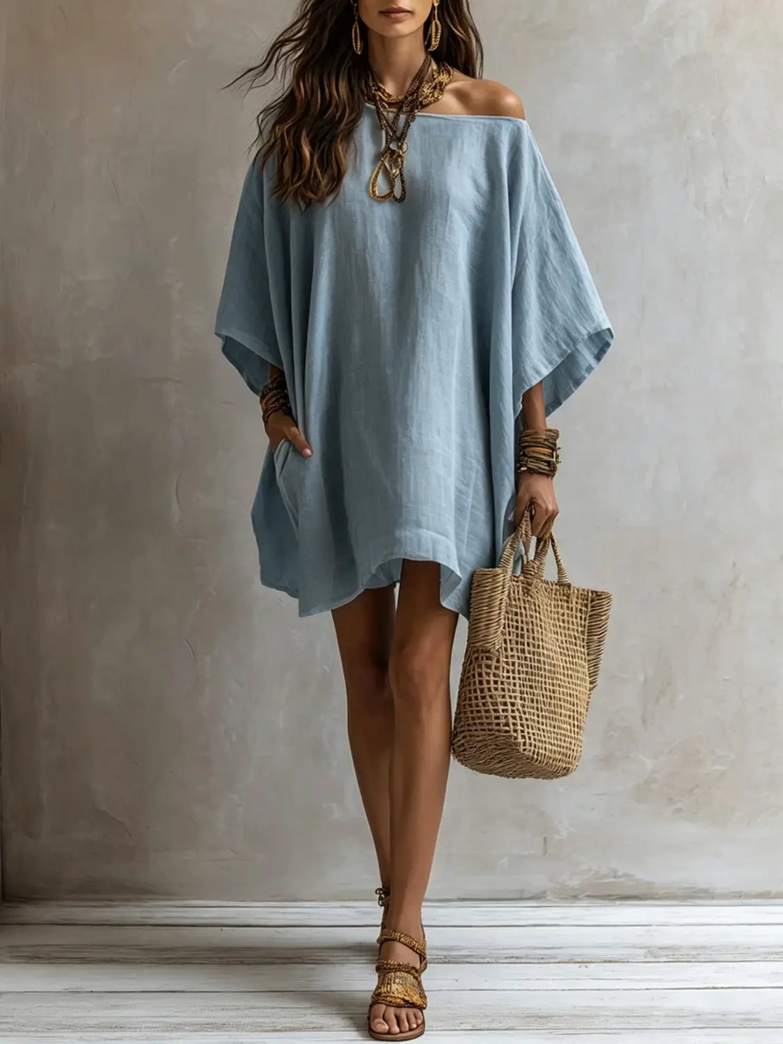Robe en lin bleu clair à épaules dénudées et manches kimono, avec des manches amples et tombantes ainsi qu’une coupe ample et décontractée.