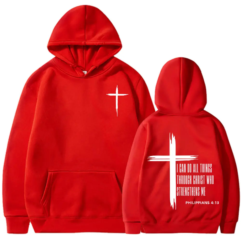 Sweat à capuche à capuche rouge, avec une croix blanche et une impression du verset « Philippiens 4 13 » sur un sweat à capuche de type pullover pour homme.