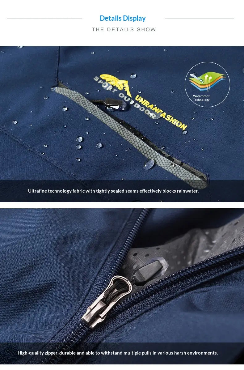 Veste coupe-vent de randonnée imperméable pour hommes en bleu marine, avec des coutures étanchéifiées de manière serrée et un logo jaune et blanc sur la poche poitrine, conçue pour empêcher la pénétration de l’eau de pluie.