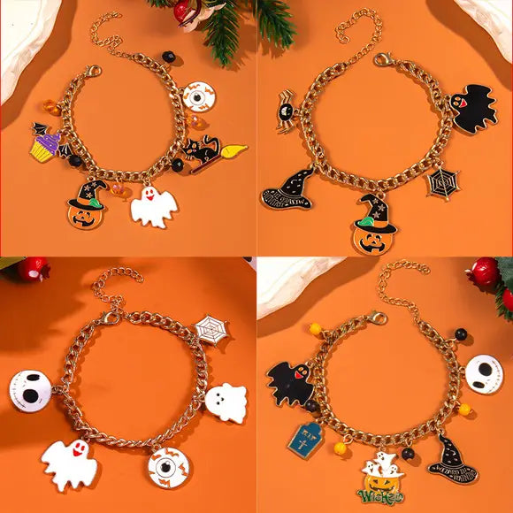 Gold-toned halloween charm bracelet featuring black and white spooky characters such as ghosts, witches hats, spiders, bats, and pumpkins from the Halloween Ghost and Pumpkin Beaded Jewelry Set.