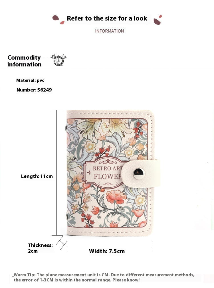 A compact rectangular vintage floral leather card holder wallet with a soft pastel pattern and cream-colored edges.