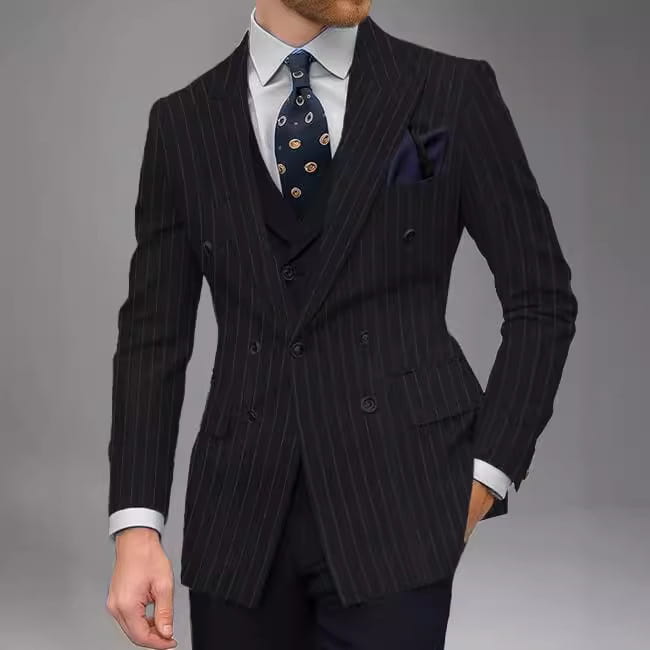 Men double breasted slim suit jacket in dark navy pinstripe with subtle sheen and matching vest designed for formal occasions.
