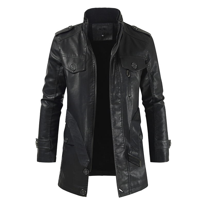 Men’s black faux leather trench coat with a stand collar, flap pockets, and zipper details.