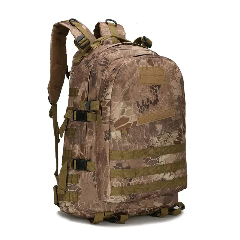 tactical camouflage mountaineering backpack for hiking in tan and brown camouflage pattern with olive green straps and buckles.