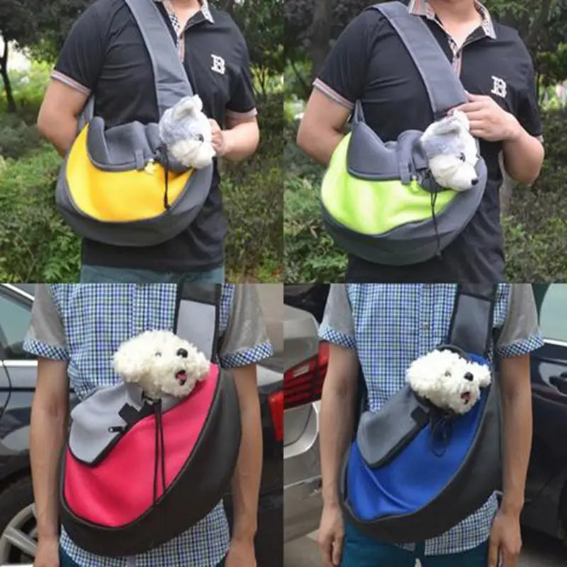 A soft adjustable gray pet sling carrier bag hands free mesh dog backpack with vibrant yellow neon green pink and blue accents in durable fabric.