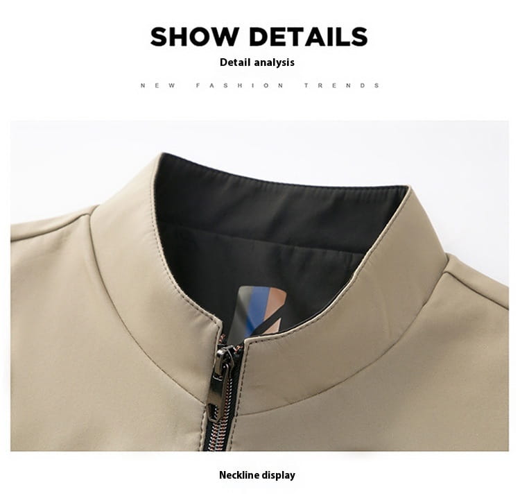 Beige men casual polo bomber jacket with black inner lining and silver zipper suitable for everyday wear.