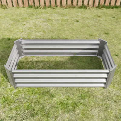 Lecho elevado de jardín de metal gris con estrías horizontales y refuerzos en las esquinas para uso de jardinería, lecho elevado de jardín de 4x2x1 pies, maceta galvanizada plateada.