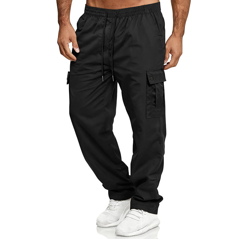 mens straight leg cargo work pants in black with a drawstring waist and multiple pockets made from durable material for work use