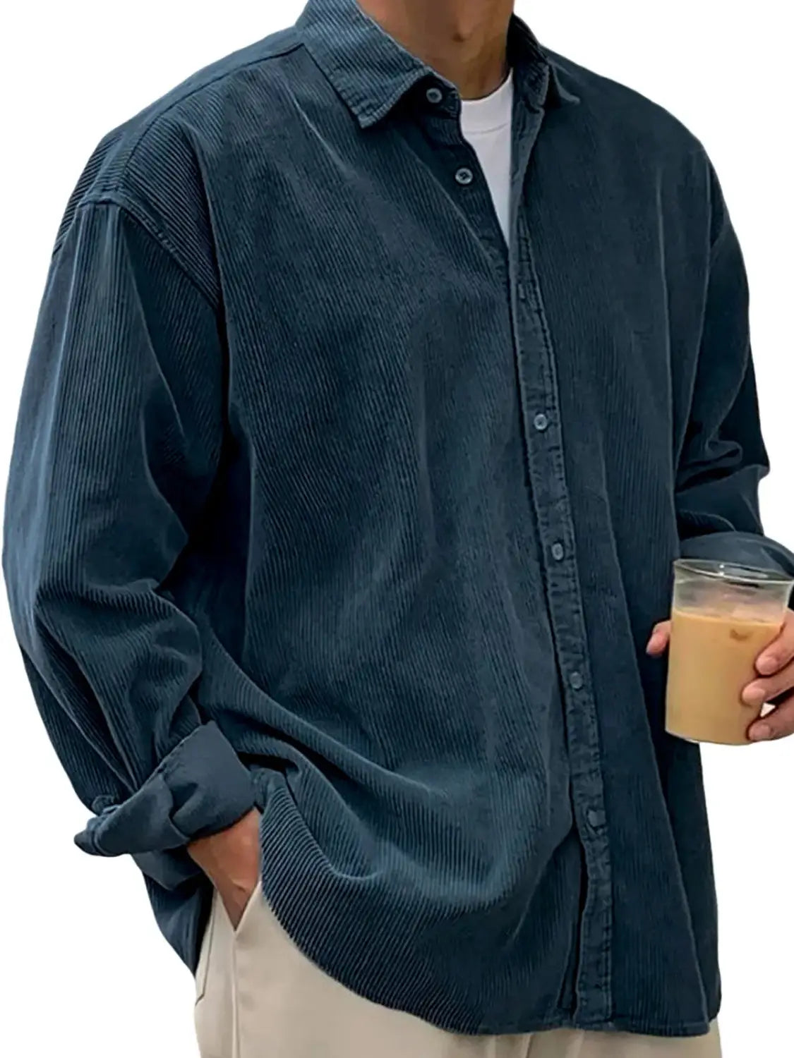 Men’s relaxed fit corduroy shirt jacket in dark blue with a classic collar and long sleeves.