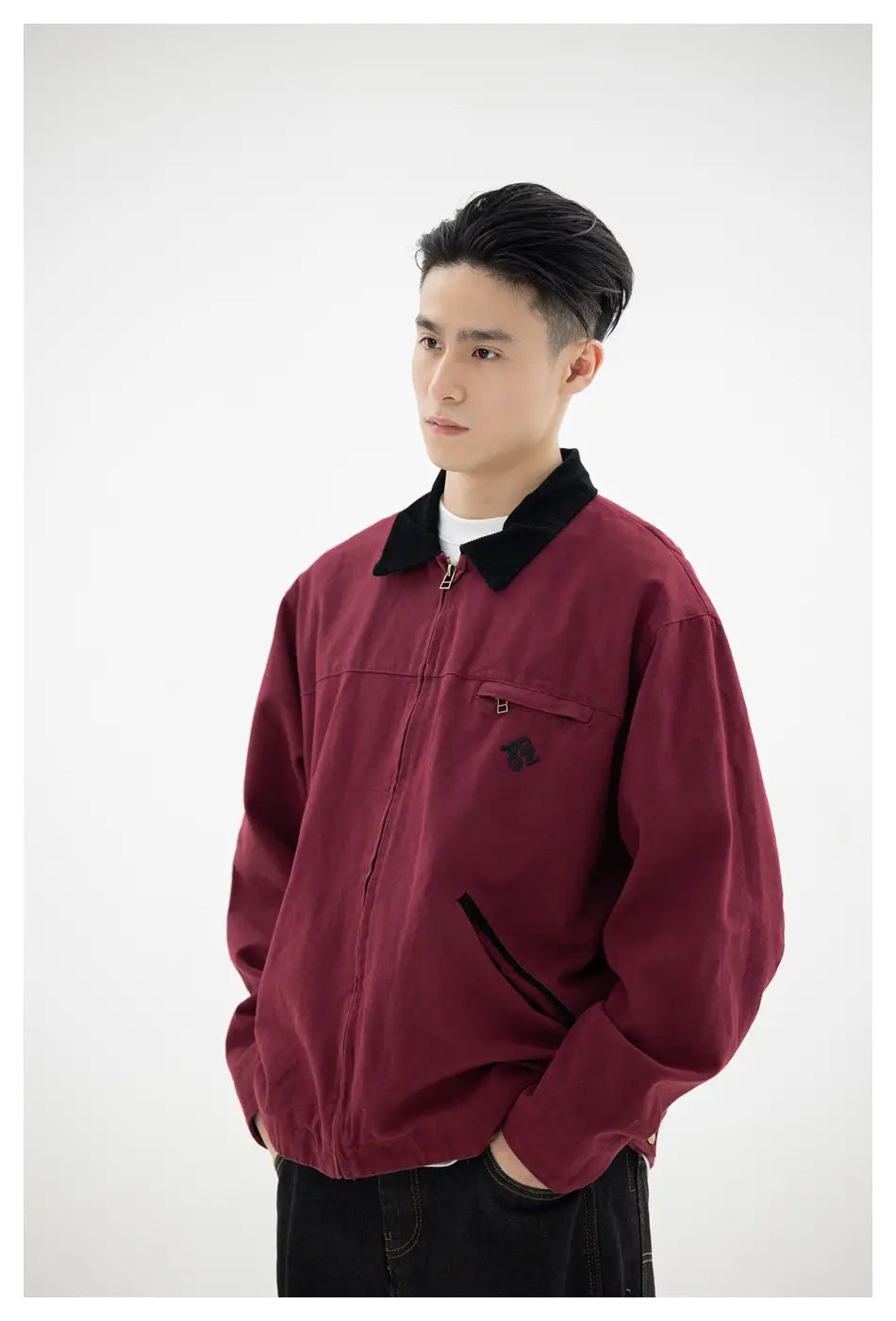 Maroon cotton retro washed Detroit jacket for men featuring a black collar and chest pocket.