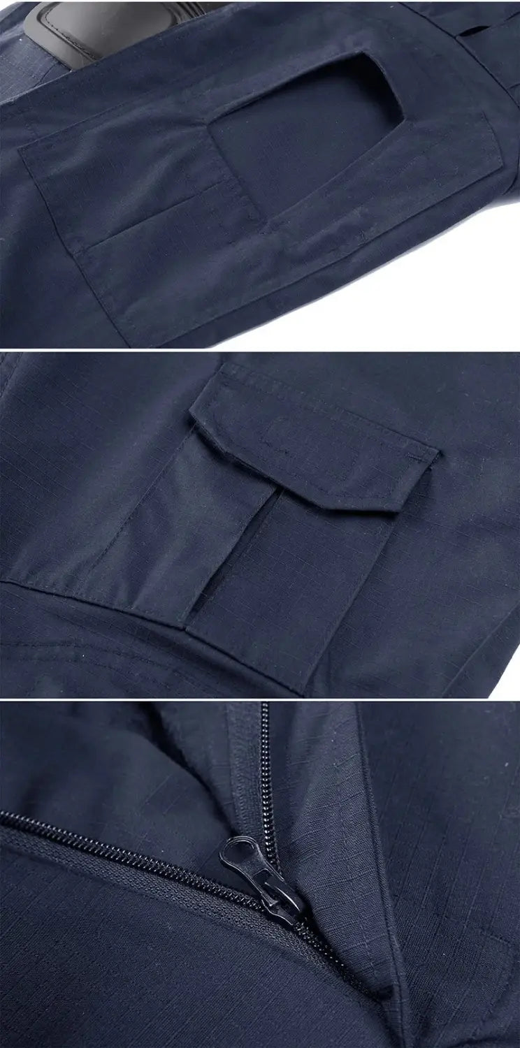 dark navy tactical camouflage cargo pants for men featuring reinforced stitching multiple utility pockets with flap closures and durable zipper detail