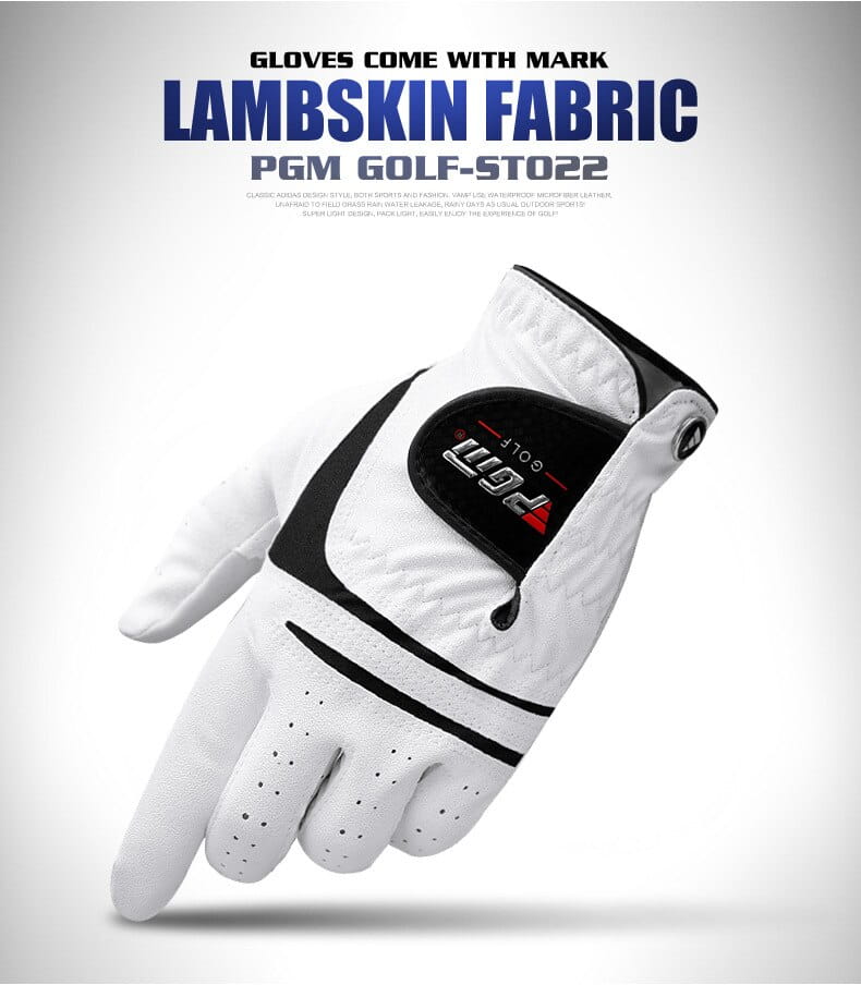 Men genuine leather breathable golf glove in white and black lambskin with perforated fingers showing the back side featuring a branded patch
