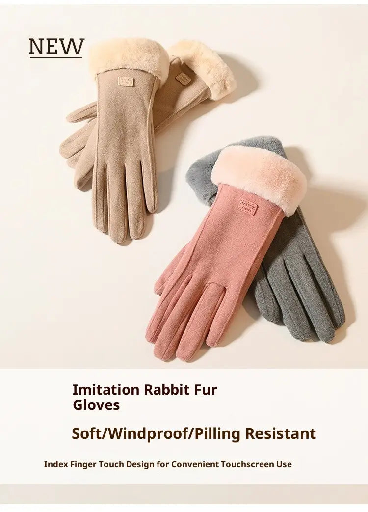 beige and pink imitation rabbit fur women’s thermal suede touchscreen gloves with a soft windproof design