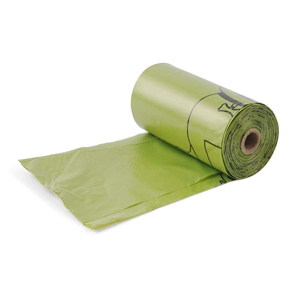 a roll of light green glossy biodegradable dog waste bags with thickened plastic material and black line art illustrations for pet poop disposal