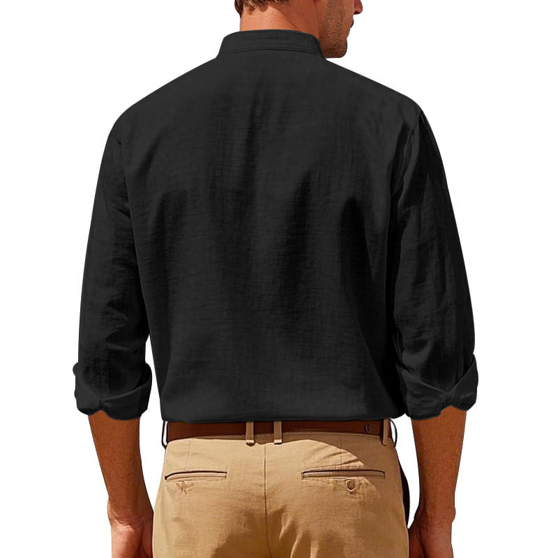 men’s casual black linen long sleeve shirt with stand collar and rolled cuffs designed for comfort and style