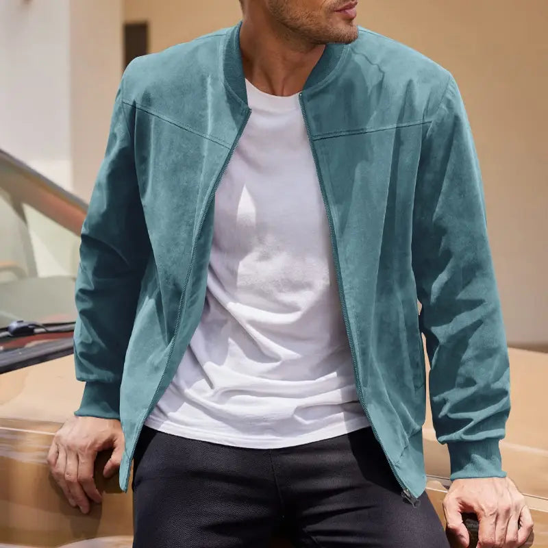 Men suede casual retro jacket in teal featuring a suede material, zipper front, and ribbed cuffs for a stylish casual look.