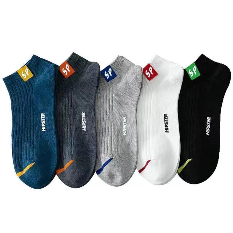 Set of six men’s low cut athletic striped cotton socks in navy, charcoal gray, light gray, white, and black with colorful sp logo tags and matching accent stripes on the toes.