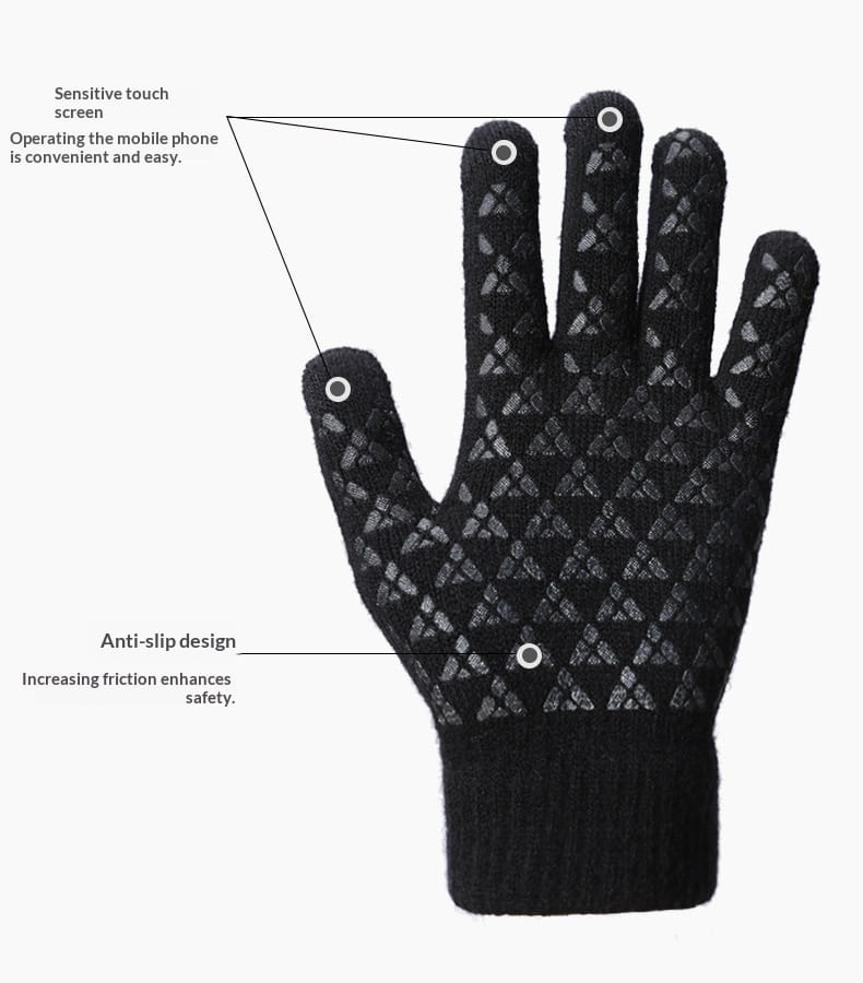 Schwarzer Touchscreen-Wollhandschuh für den Winter, von der Rückseite gezeigt, mit einer strukturierten Griffzone im Dreiecks-Muster auf den Fingern und der Handfläche für rutschfeste Funktion.