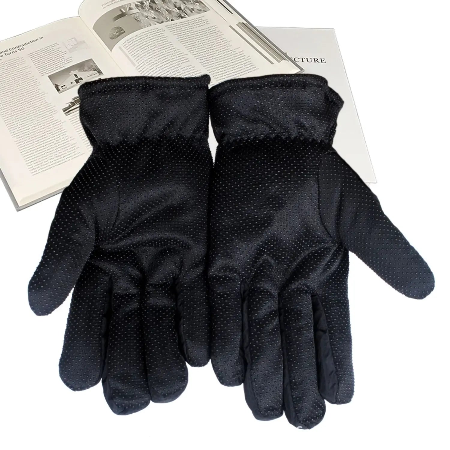 men’s black windproof thermal cycling gloves with textured perforated surface and ribbed cuffs shown from the back side