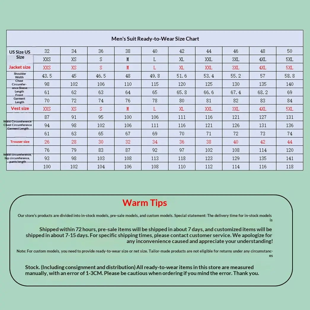 Men slim fit three piece suit ready-to-wear size chart displaying detailed jacket and vest measurements in US sizes from XXS to 5XL.