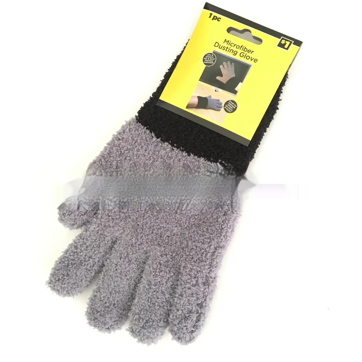 Plush coral fleece bath dust gloves in gray microfiber with a black wristband packaged in a yellow and black cardboard sleeve.