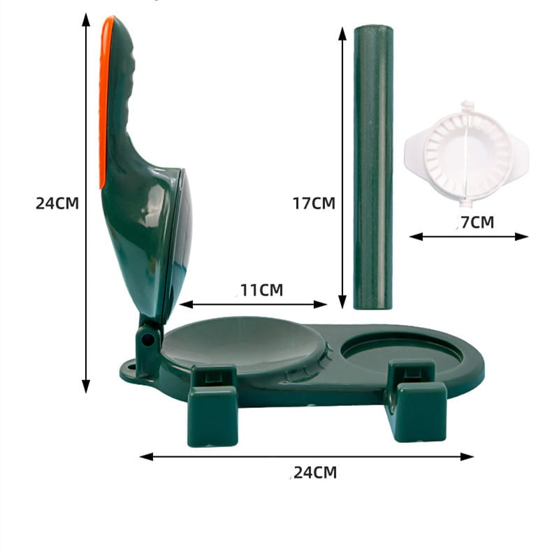 Dark green plastic dumpling maker 3 in 1 manual dough pressing tool with an orange accented handle and matching cylindrical roller.