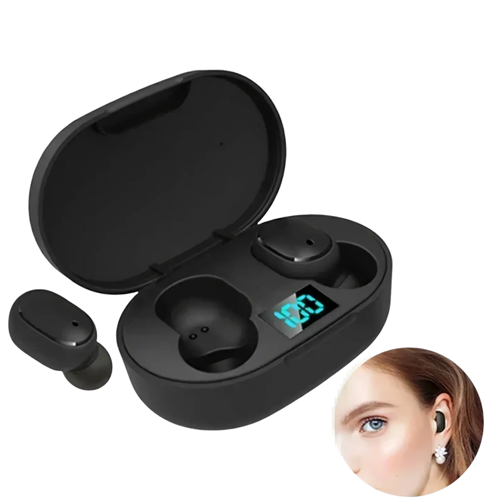 Black e6s wireless bluetooth earbuds with digital battery display in a sleek oval charging case