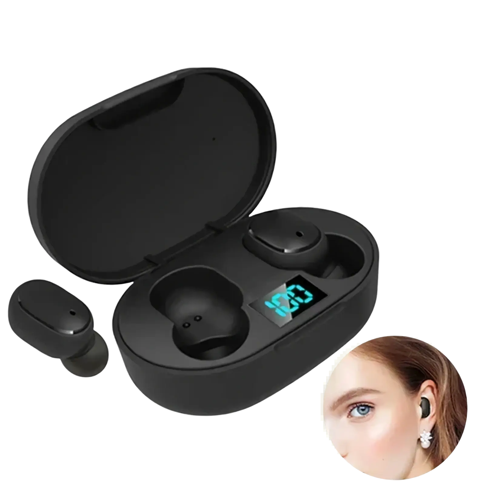 Black e6s wireless bluetooth earbuds with digital battery display in a sleek oval charging case