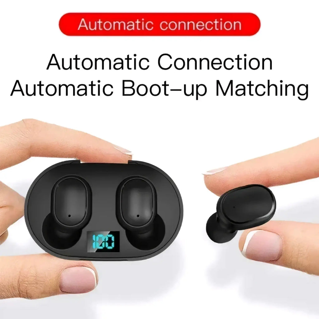 Black e6s wireless bluetooth earbuds with automatic connection in sleek charging case showing digital battery indicator