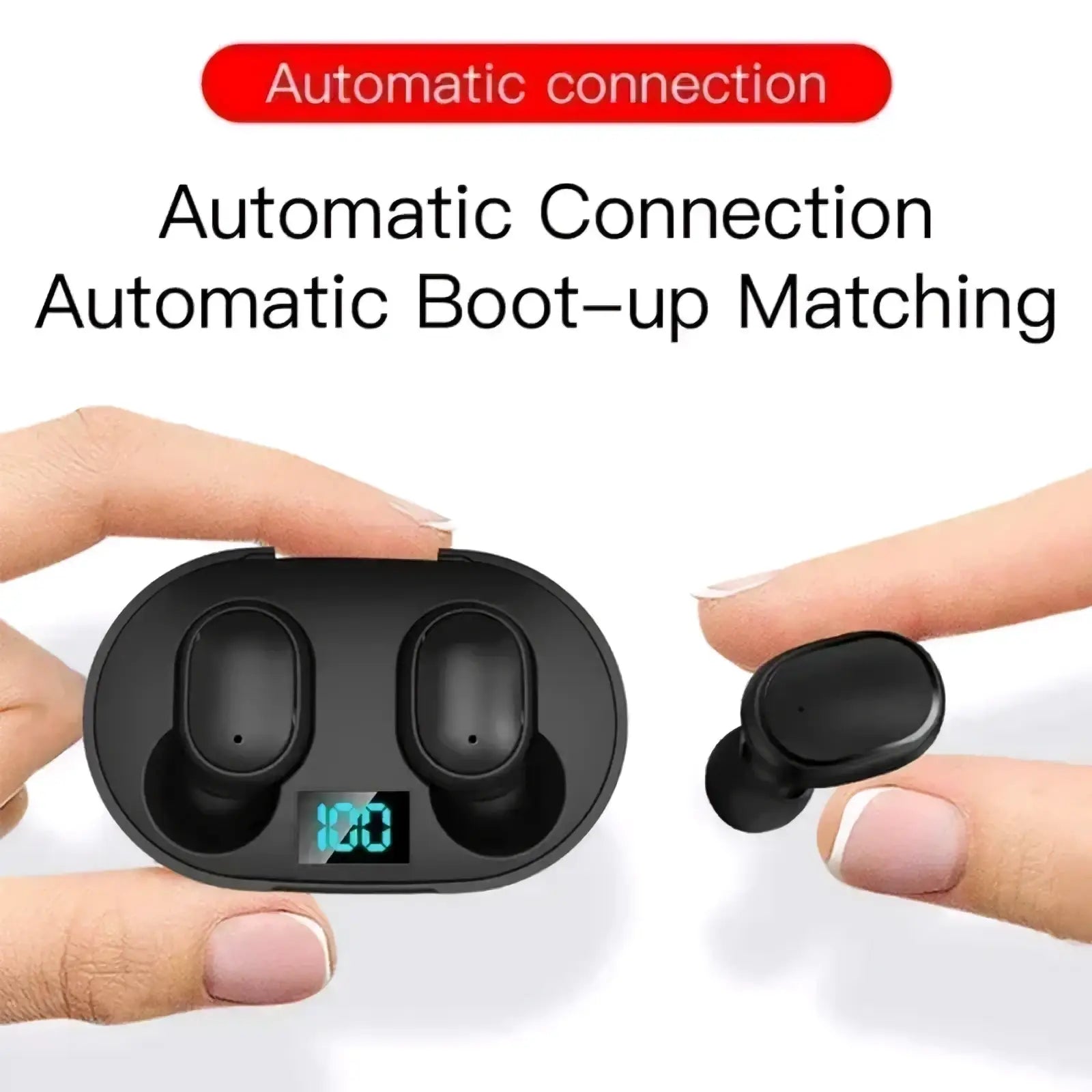 Black e6s wireless bluetooth earbuds with automatic connection in sleek charging case showing digital battery indicator