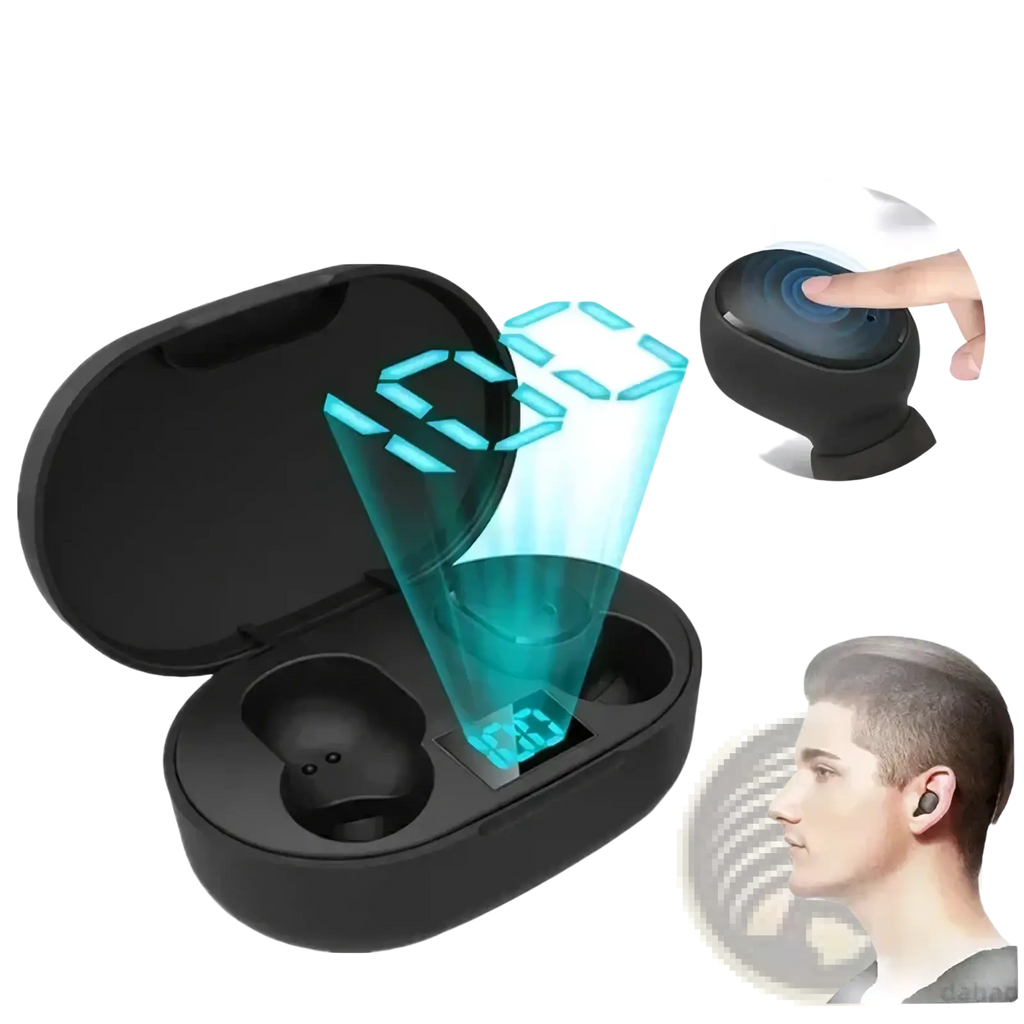 Black wireless bluetooth earbuds e6s in a sleek charging case with one-key intelligent touch controls and digital display
