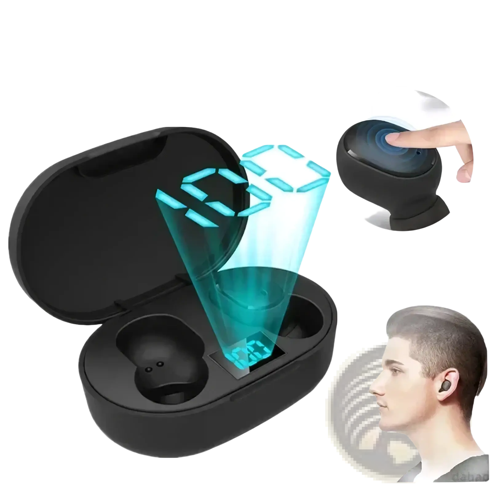 Black wireless bluetooth earbuds e6s in a sleek charging case with one-key intelligent touch controls and digital display