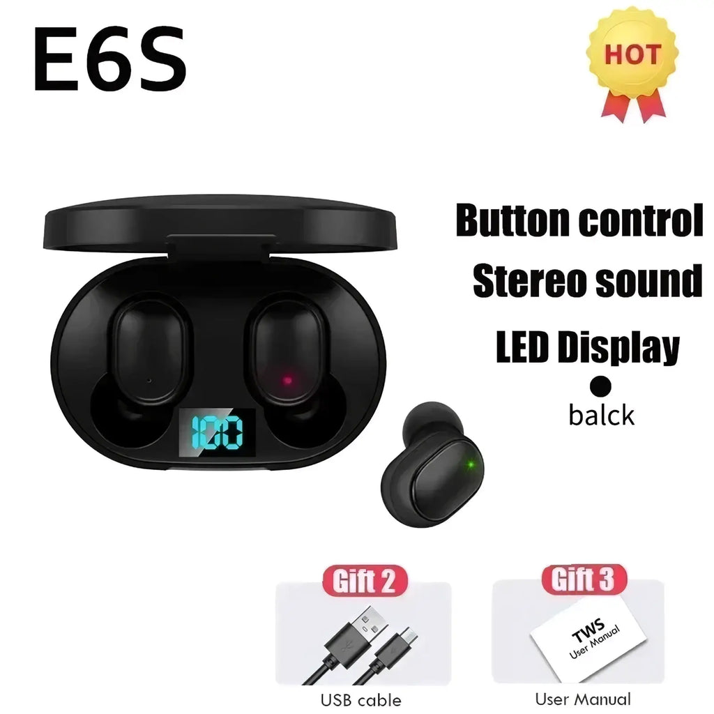 Black e6s wireless bluetooth earbuds with digital display in a sleek oval charging case with led screen