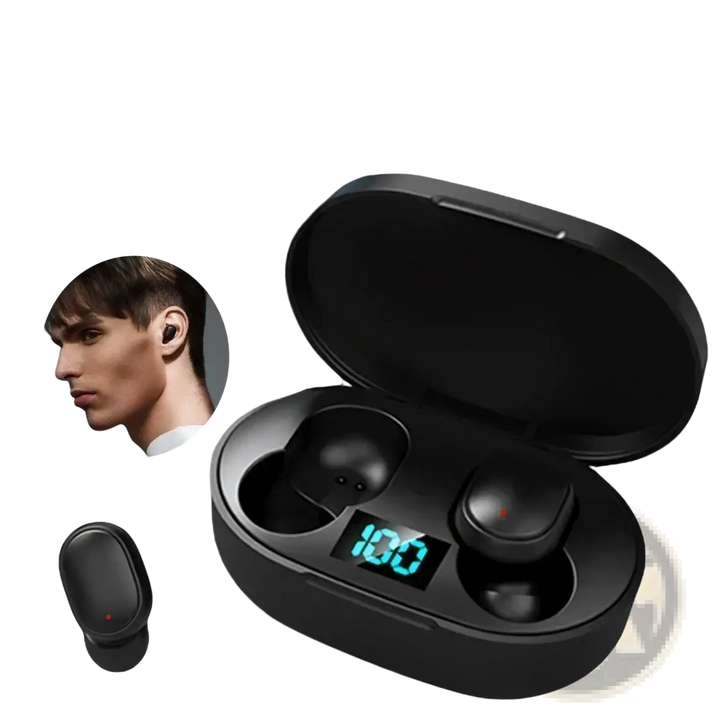 Black e6s wireless bluetooth earbuds with sleek glossy finish and magnetic charging case with led digital display