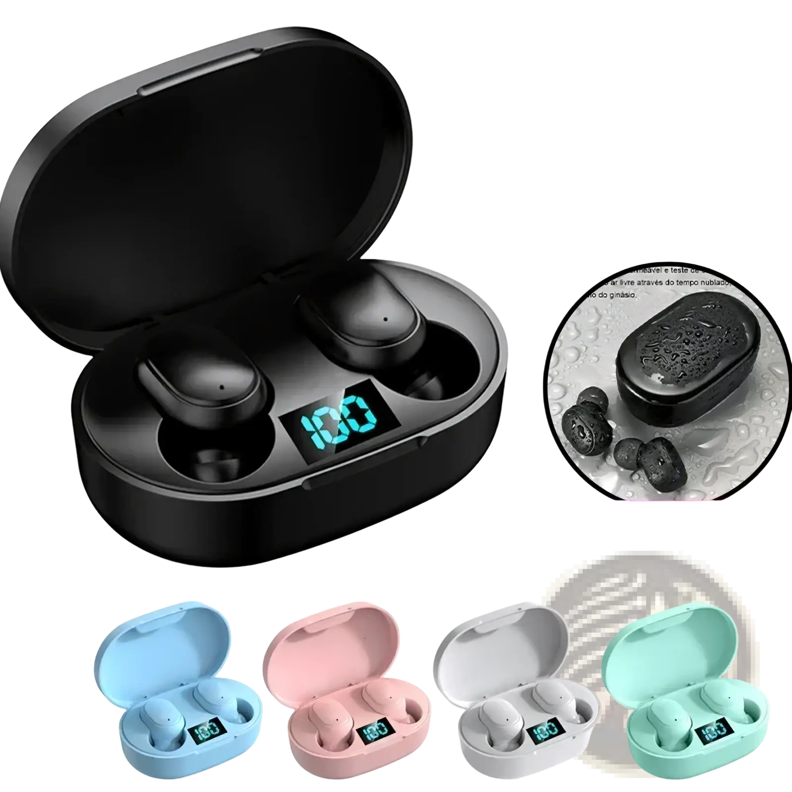 Black E6s wireless bluetooth earbuds in a sleek oval charging case with a digital battery level display