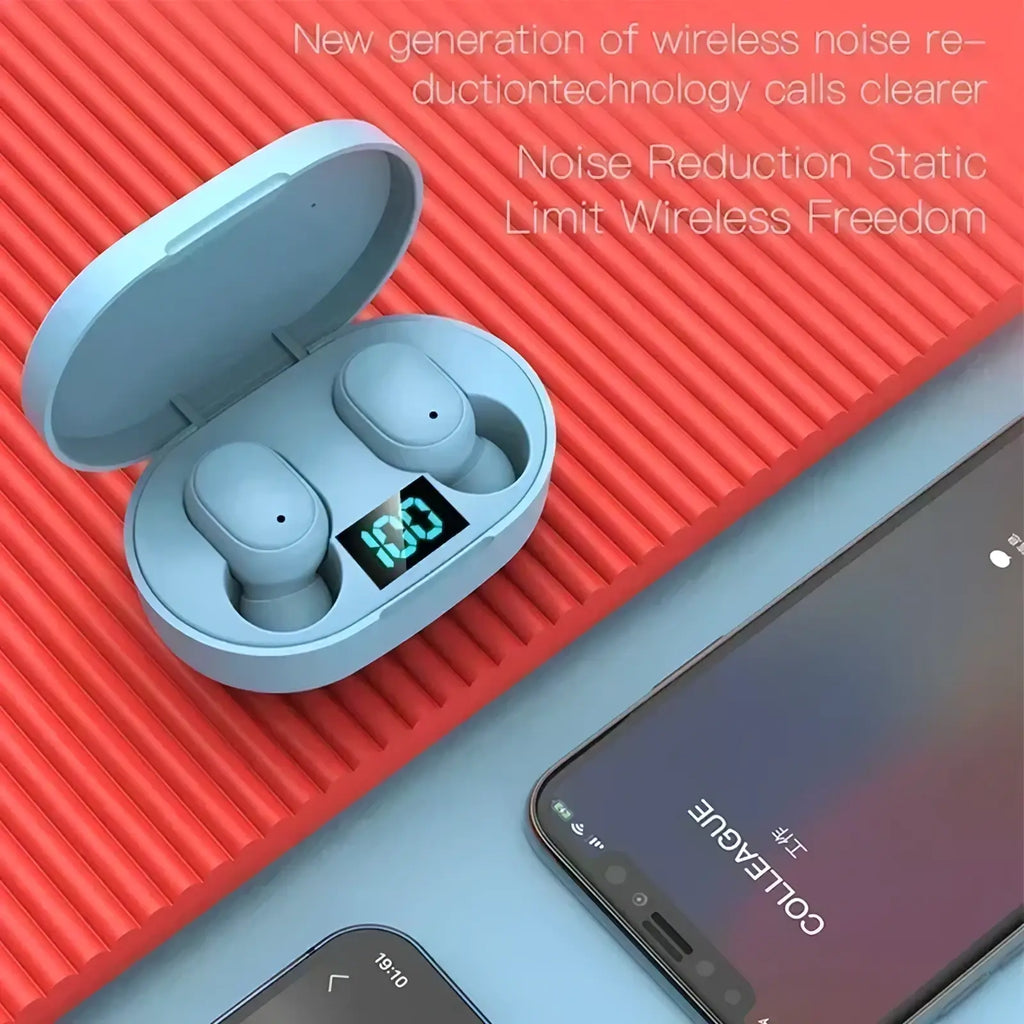 E6s wireless Bluetooth earbuds in light blue with matching charging case featuring a digital battery display at 100