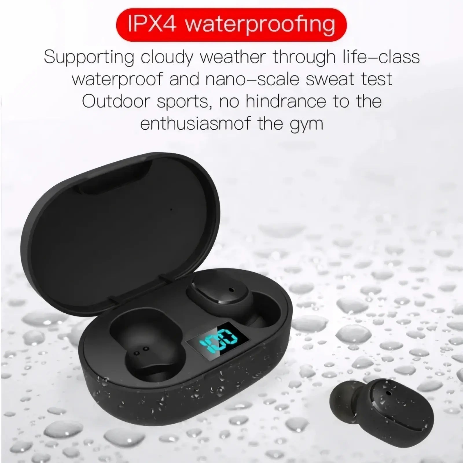 Black e6s wireless bluetooth earphones in a sleek oval charging case with illuminated led digital display