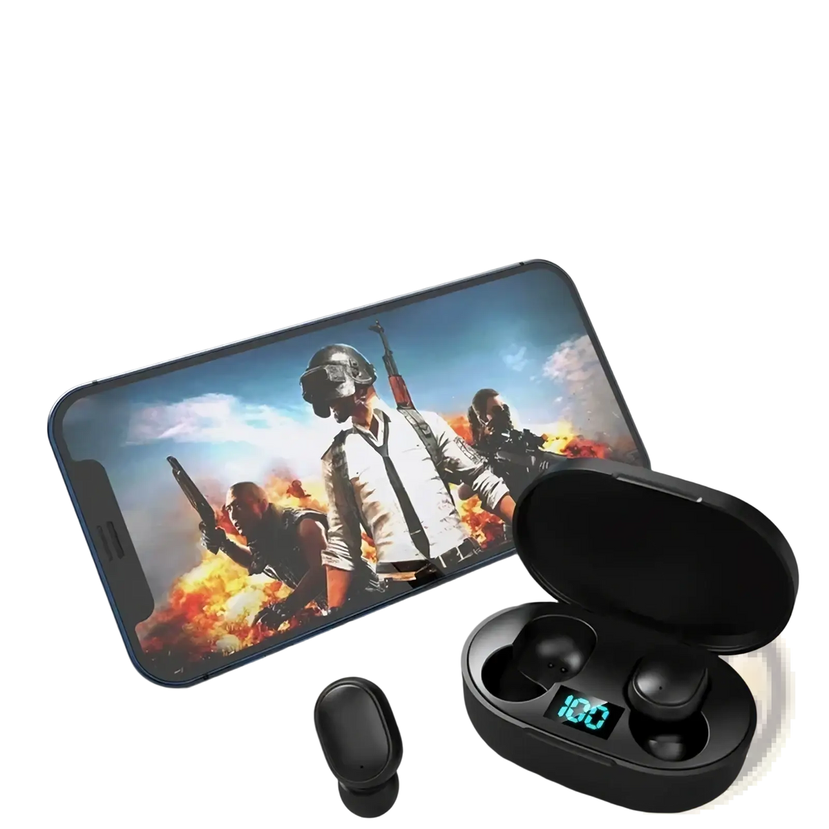 E6s wireless Bluetooth earphones in black with led display digital charging case showing 100 battery level