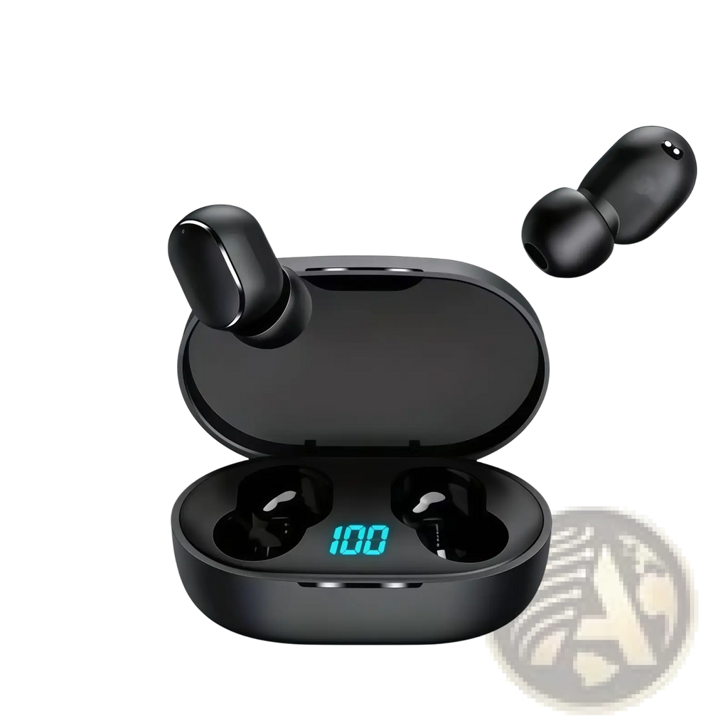 Black e6s tws wireless bluetooth earphones with sleek glossy finish and magnetic charging case with led display