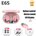 Pink e6s wireless bluetooth earphones with a matching charging case featuring an led display for easy battery monitoring
