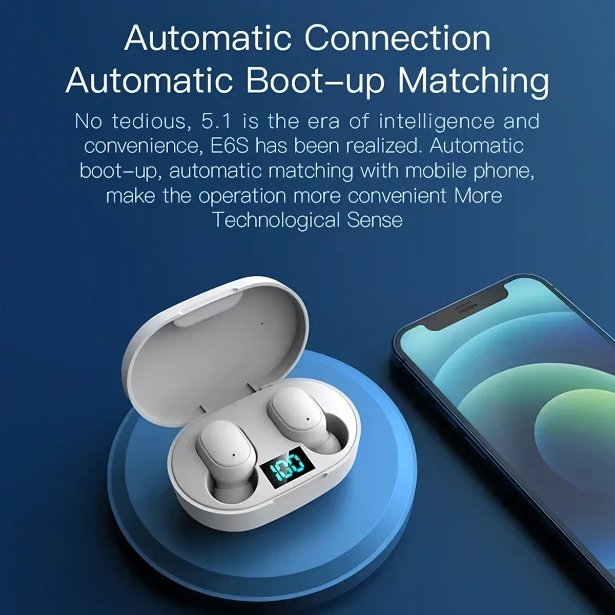 White e6s wireless bluetooth earphones with led display charging case shown next to a smartphone for wireless audio