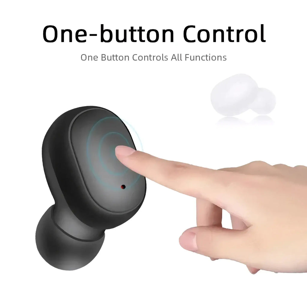 E6s wireless earbuds black bluetooth gaming headset with touch-sensitive button and red indicator light