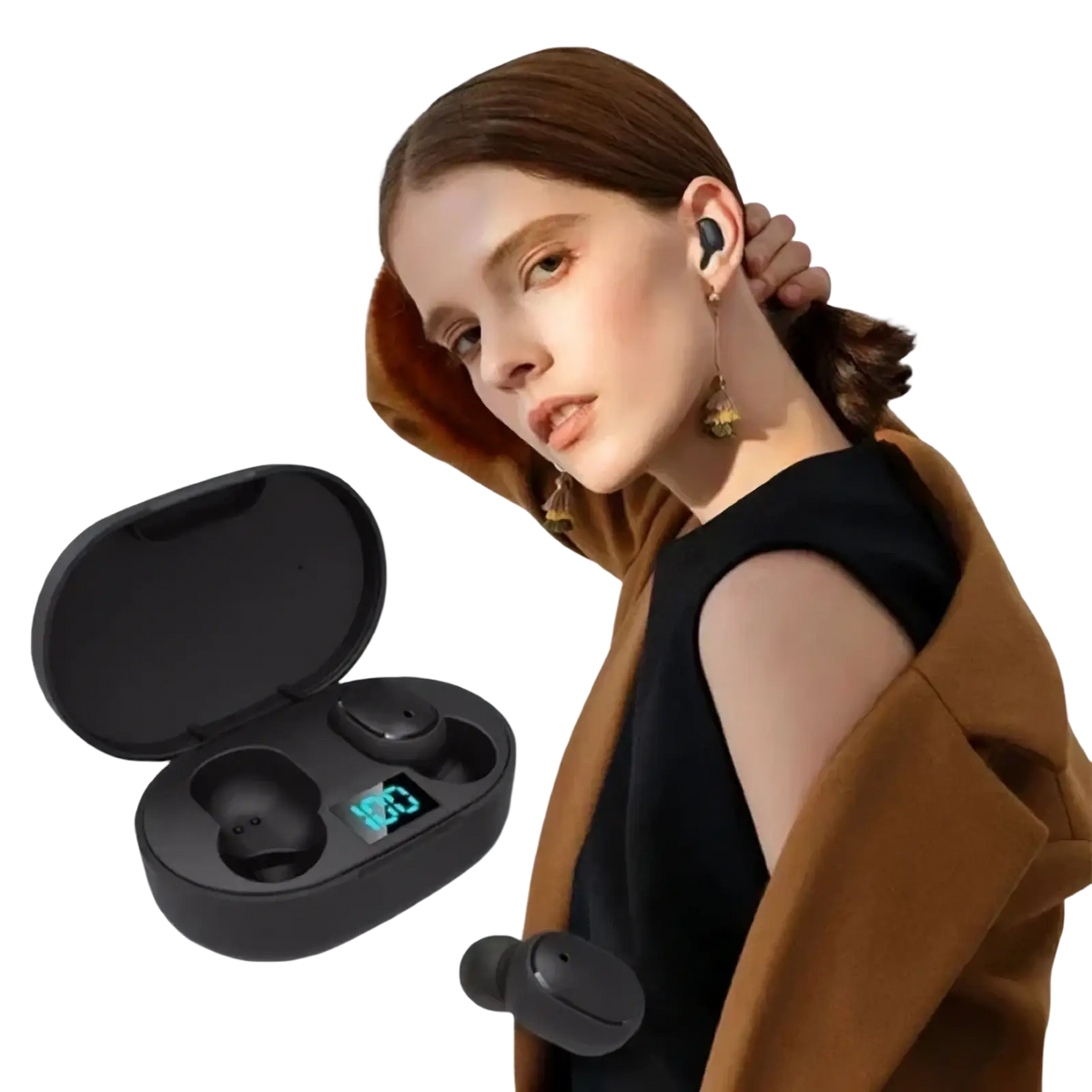 Black e6s wireless earbuds in a sleek charging case with digital display designed for bluetooth gaming headset use