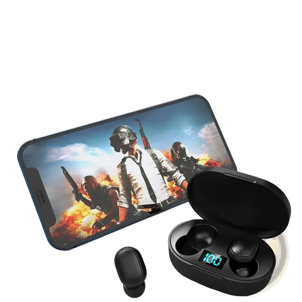 Black E6s wireless Bluetooth gaming earbuds in an oval charging case with a digital battery display showing 100 percent