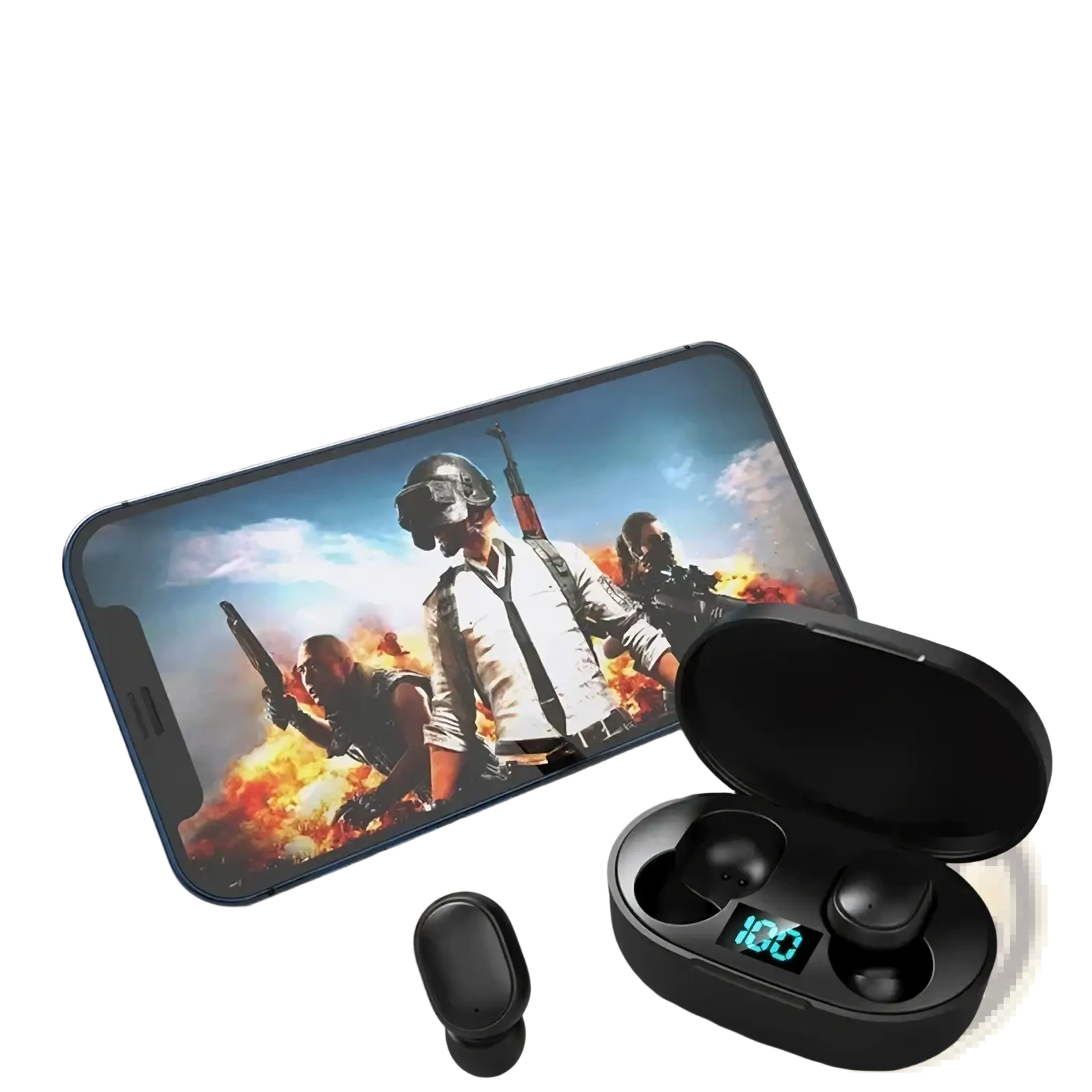 Black E6s wireless Bluetooth gaming earbuds in an oval charging case with a digital battery display showing 100 percent